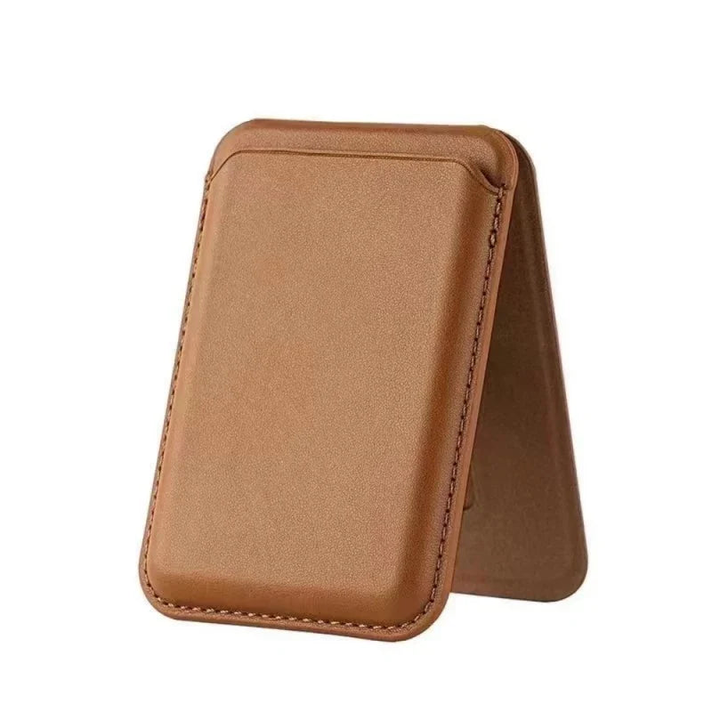 A brown magnetic leather wallet with a protective stand case shown from the side.