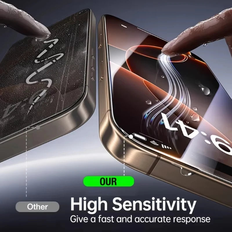 A hand is applying a clear tempered glass screen protector to an iPhone screen, highlighting high sensitivity and accurate re