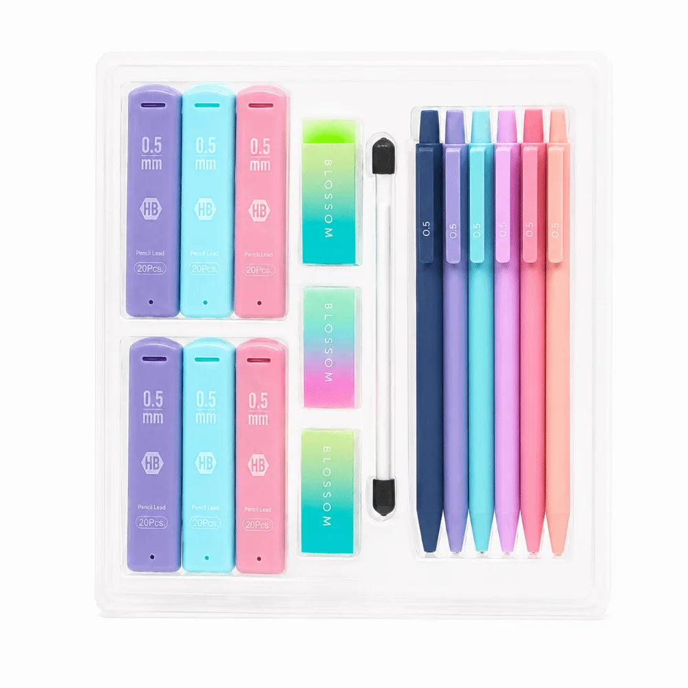 A white case containing a set of HB mechanical pencils in various colors and sizes with refills and erasers.