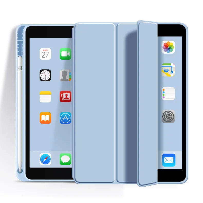 A light blue premium TPU protective case for an iPad, shown open to display the device's screen and features.