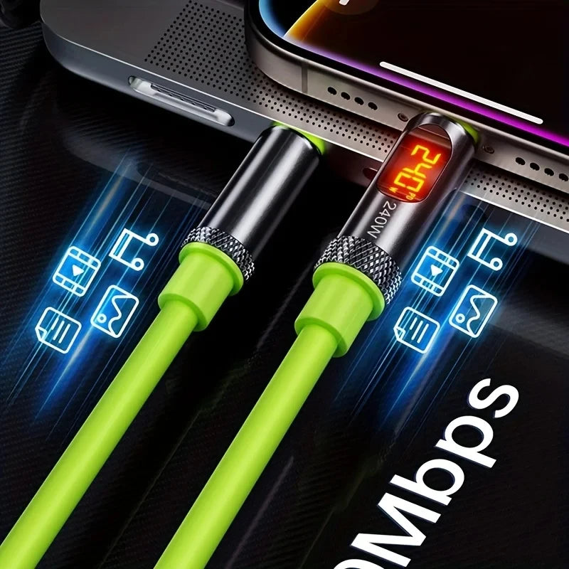 A bright green high-speed 240W fast charging cable is shown next to a smartphone, highlighting its power rating.