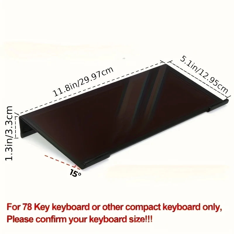 A black acrylic keyboard stand shown at an angle with dimensions 11.8in by 5.1in and a thickness of 1.3in.