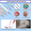 A set of craft tools including a wax rhinestone picker pencil, tweezers, and a semi-fluid adhesive.