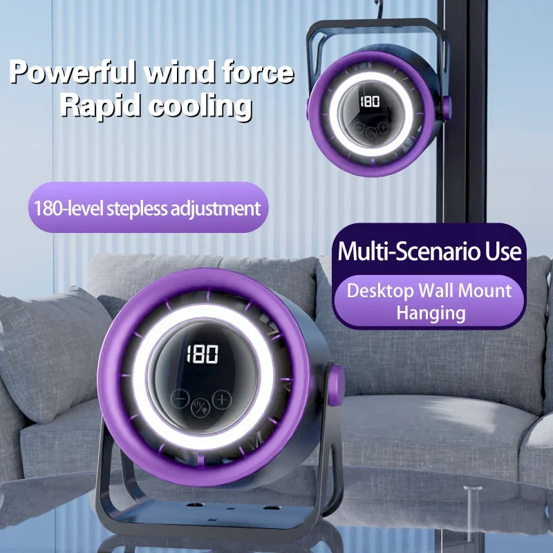 A purple portable rechargeable desk fan with an ambient light, shown in use on a table.