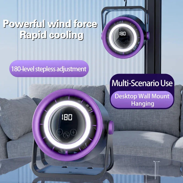 A purple portable rechargeable desk fan with an ambient light, shown in use on a table.