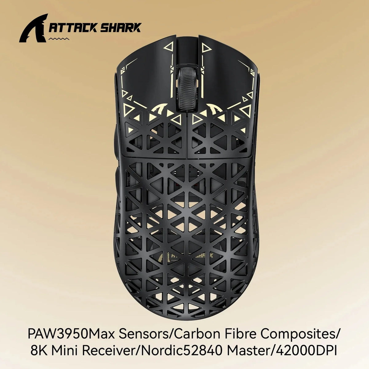 Black Attack Shark gaming mouse featuring carbon fiber composite construction and 8K mini receiver.