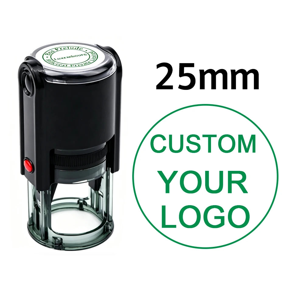 A black self-inking stamp with a clear cylinder, featuring a green logo and the text 25mm.