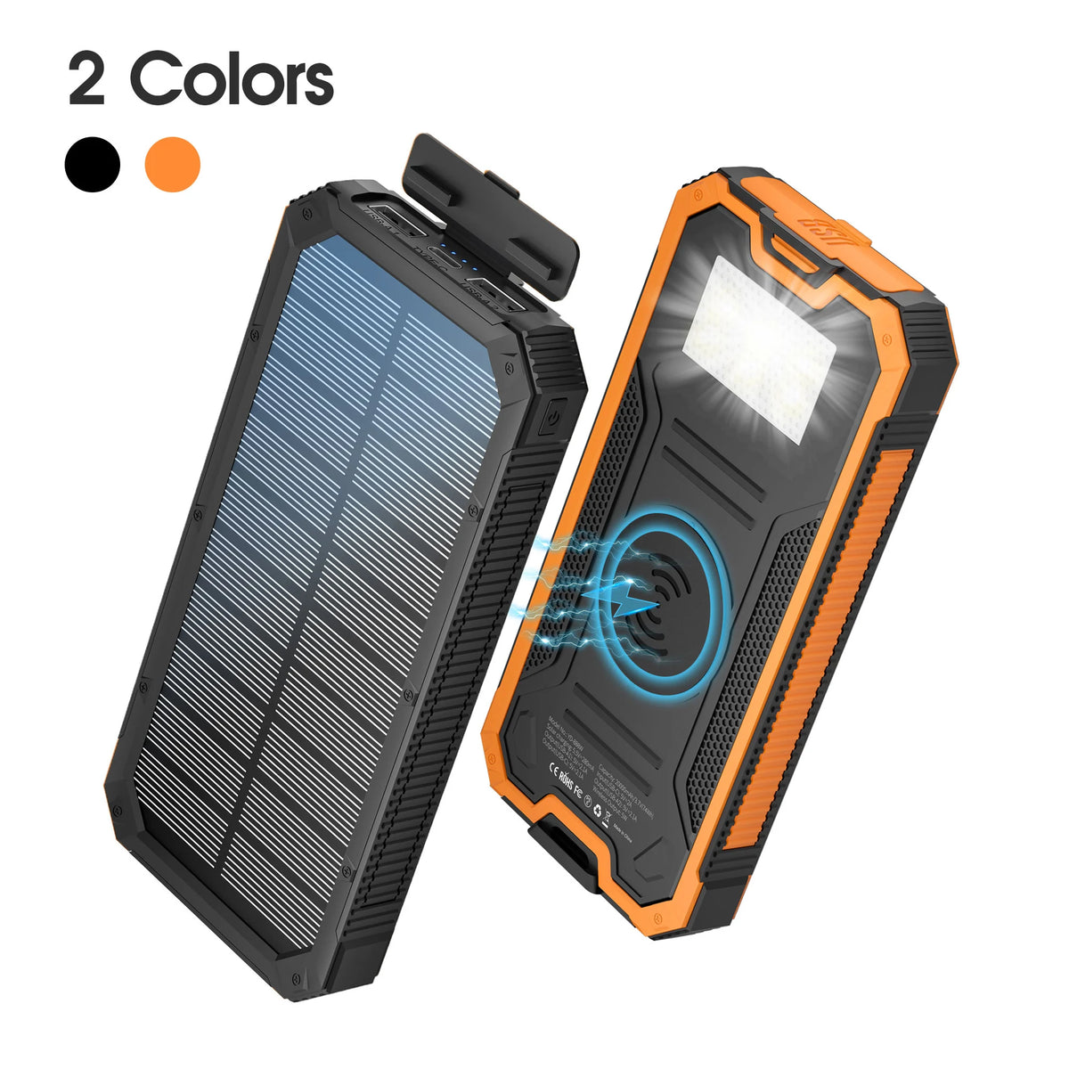 A black solar power bank with an orange accent is shown next to a colored swatch, highlighting its features.