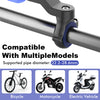 A close-up view of a universal motorcycle phone mount clamp designed to attach to a pipe, showing compatibility with various 