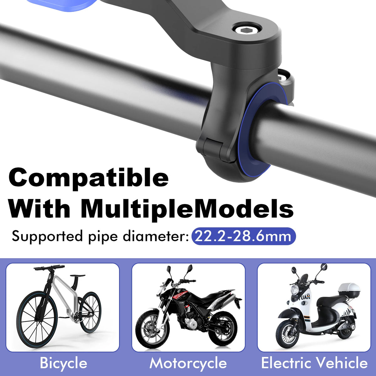 A close-up view of a universal motorcycle phone mount clamp designed to attach to a pipe, showing compatibility with various 