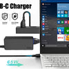 A black 65W USB-C charger and cable are shown next to a laptop, illustrating its power output.