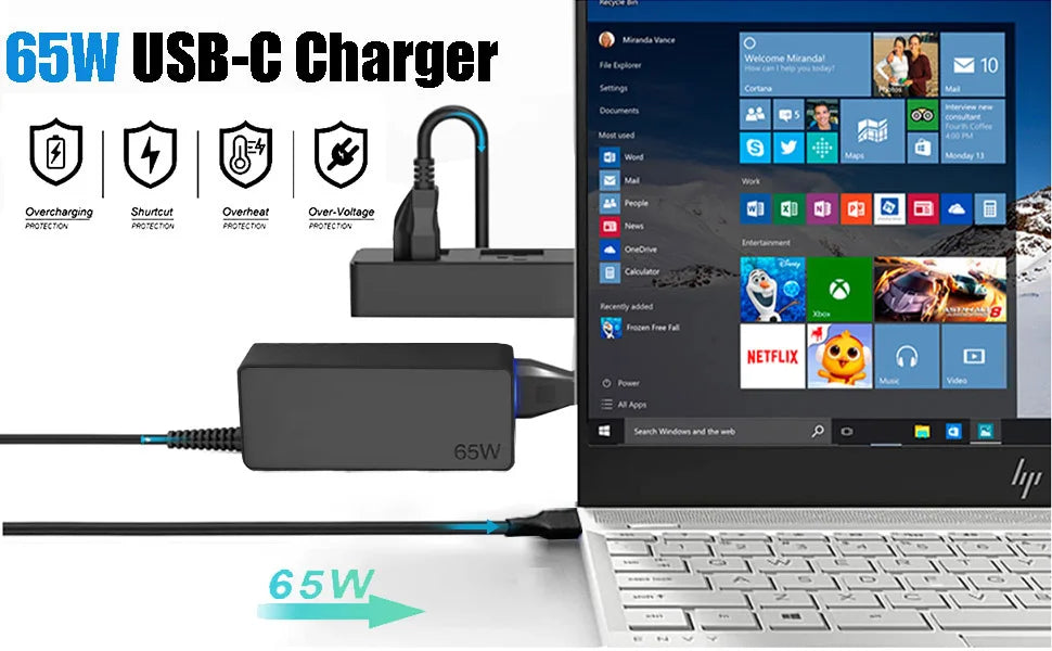 A black 65W USB-C charger and cable are shown next to a laptop, illustrating its power output.