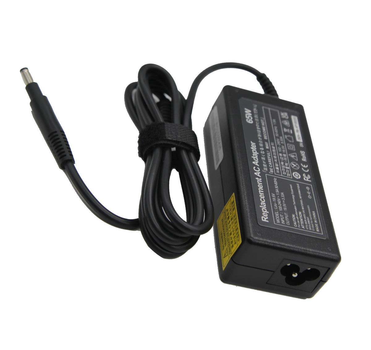 Black AC adapter cable and power brick for a 65W laptop.