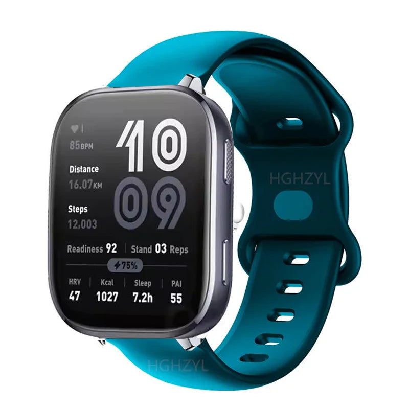 A teal silicone smartwatch with a black face and green strap displaying fitness metrics.