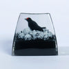 A resin keycap featuring a black raven perched atop a skull, set in a clear glass-like mold.
