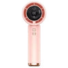 A pink mini portable USB rechargeable handheld fan with a circular grille and power button.