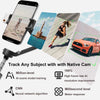 A smartphone is mounted on a gimbal stabilizer, tracking a subject outdoors.