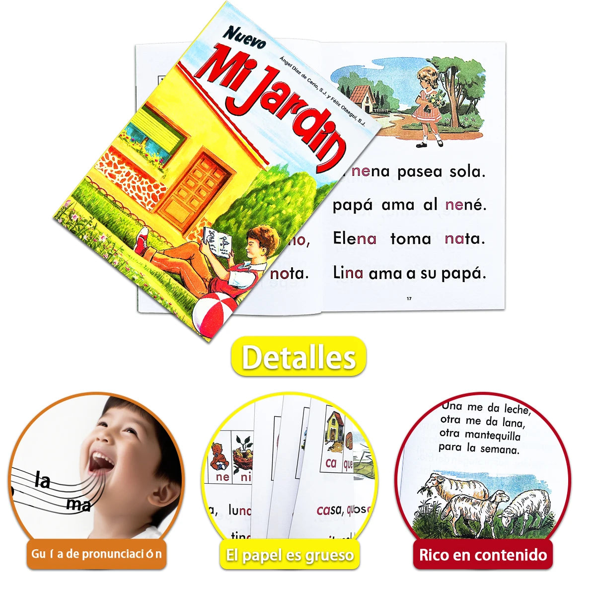 Buntes spanisches Lernbuch mit Illustrationen und Text für Kinder, Titel Mi Jardin