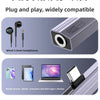 A universal adapter showing wired 3.5mm headphones and compatibility with various devices like phones, tablets, and computers