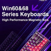 Close-up of a Win60&68 series keyboard showing its magnetic axis design and RGB lighting.