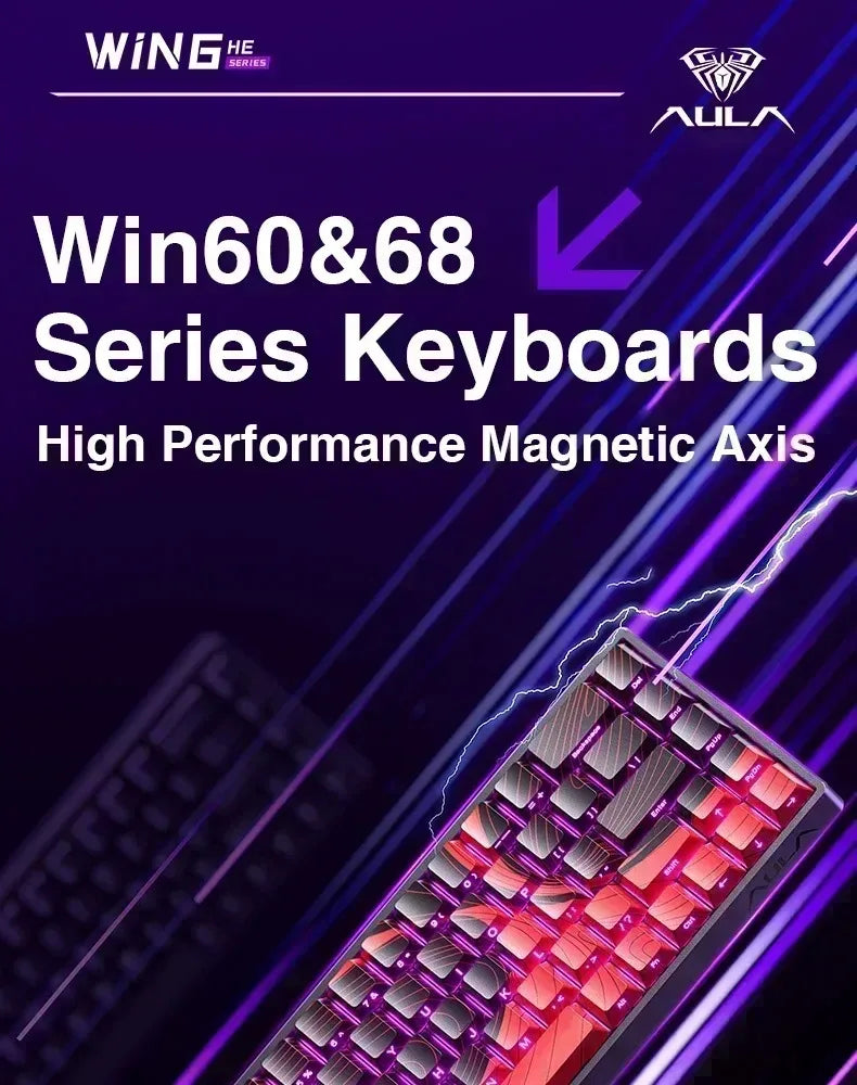 Close-up of a Win60&68 series keyboard showing its magnetic axis design and RGB lighting.