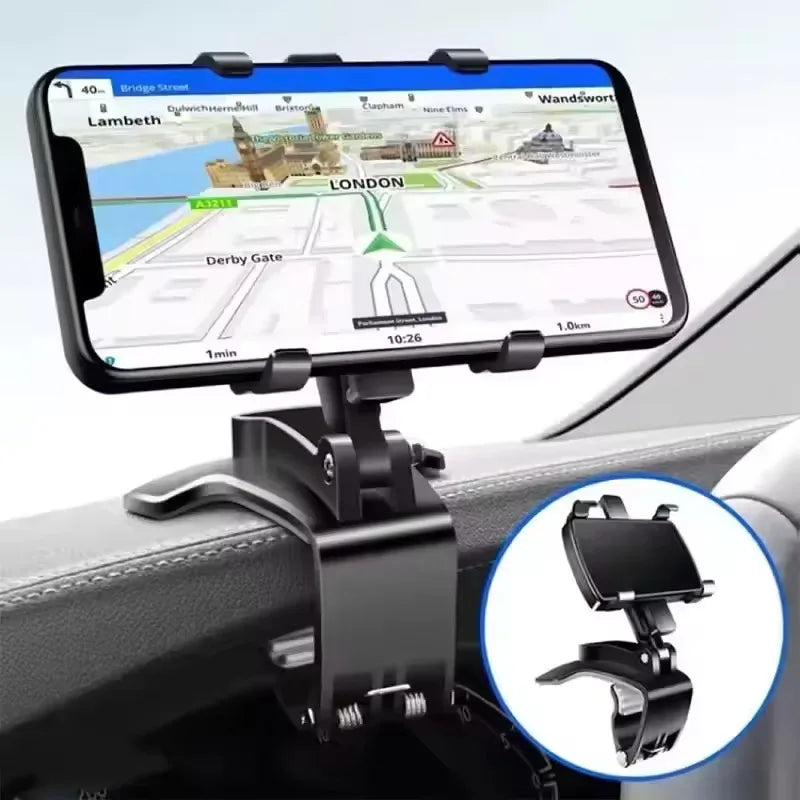 A black universal car phone mount is shown attached to a car interior, with an example of its use displaying a map on a smart