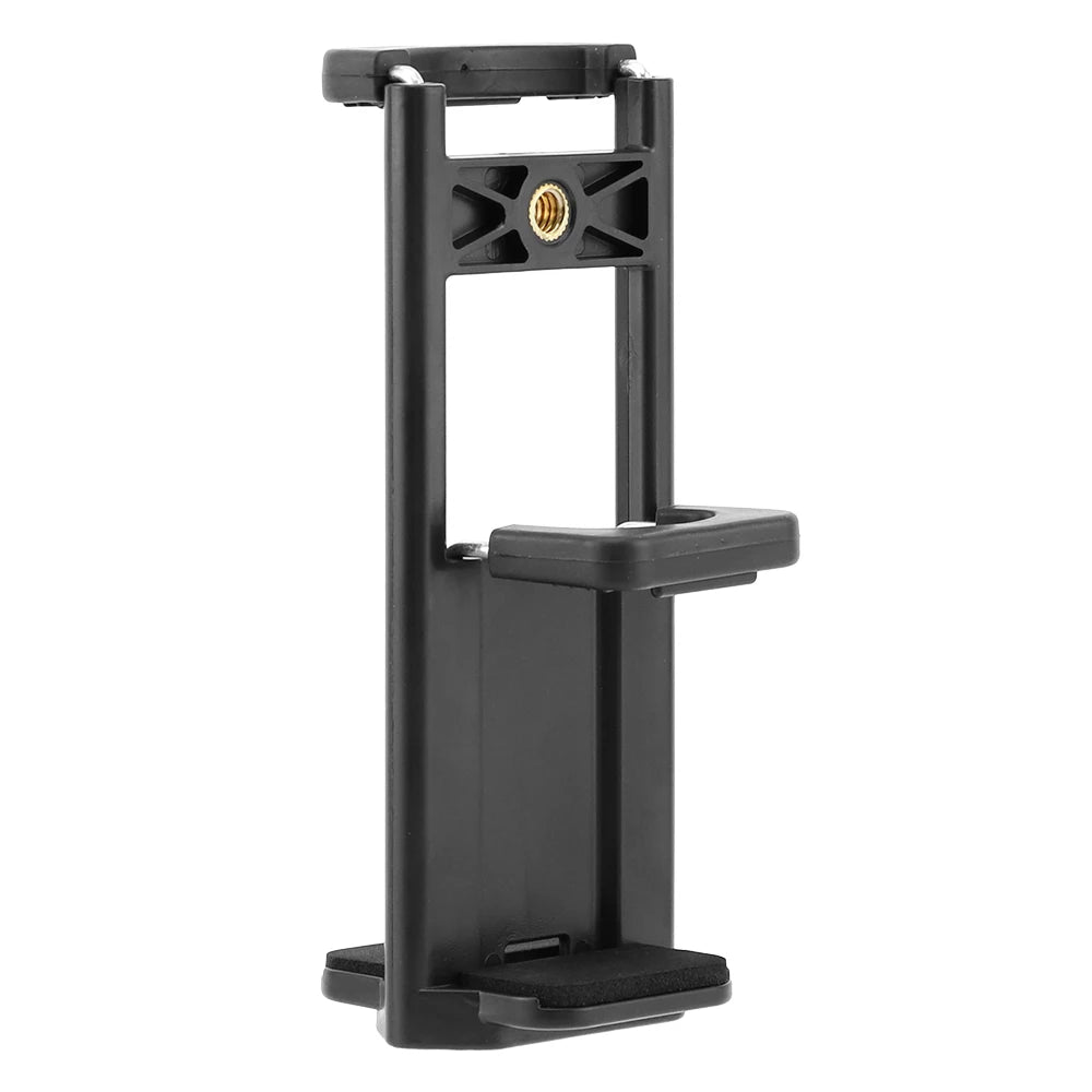 Black adjustable phone and tablet tripod mount with a quick release mechanism