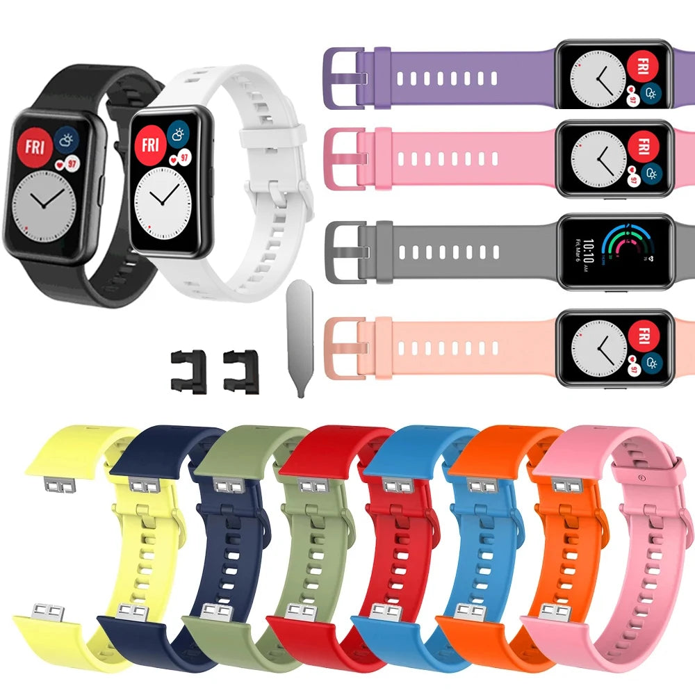 Verschiedene Silikonarmbänder und -Riemen in rosa, lila, grau, gelb, grün, rot, blau und orange für Fitness-Tracker