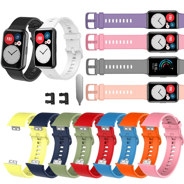 Various silicone watch bands and straps in pink, purple, gray, yellow, green, red, blue, and orange colors for fitness tracke