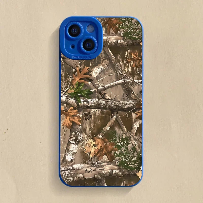 Coque de téléphone silicone camouflage forêt pour iPhone avec branches d'arbre et feuilles d'automne