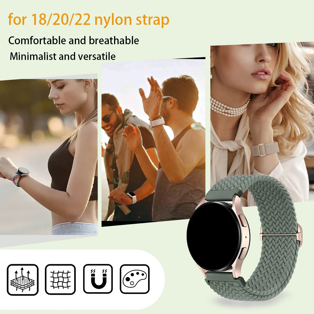 A close-up of a green nylon watch strap for Garmin and Huawei smartwatches shown on various wrists.