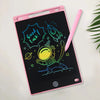 A pink portable LCD drawing tablet displaying a hand-drawn cartoon rocket and stars on a black screen.