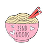 A pink bowl filled with noodles and a pair of red chopsticks, featuring the text SEND NOODS.