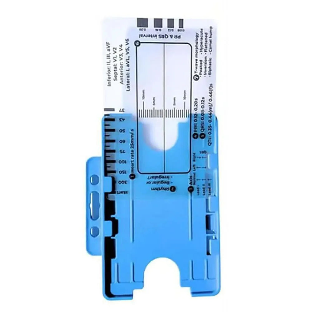 مجموعة مسطرة زرقاء لتفسير تخطيطات كهربائية القلب (ECG) من 7 خطوات، تعرض خطوط ومقاييس مختلفة