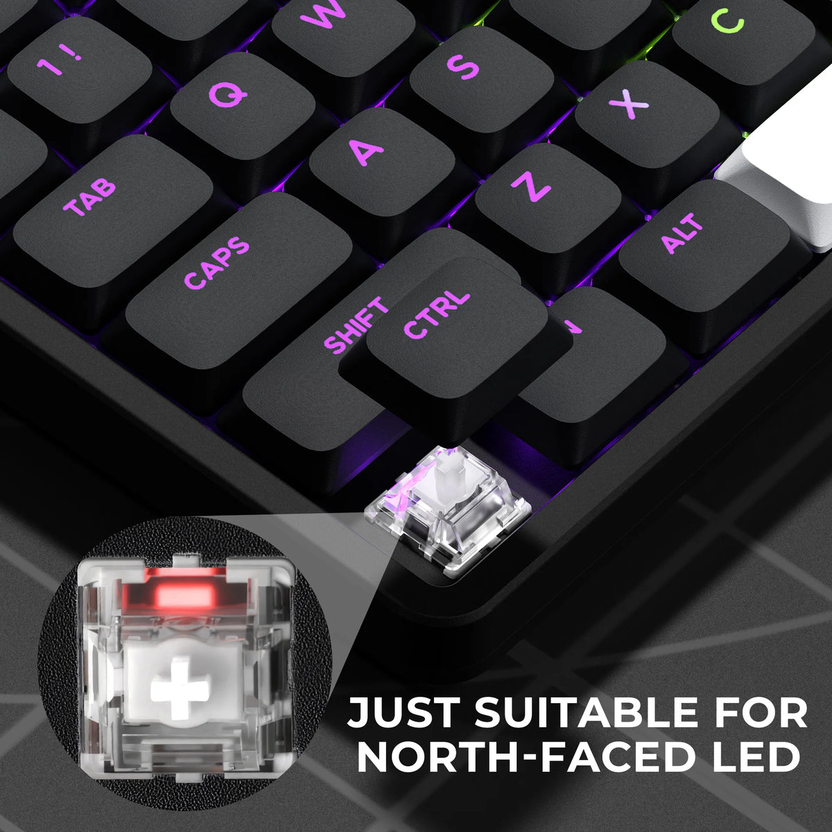 Close-up of a mechanical keyboard showing a clear LED light component designed for north-faced lighting.