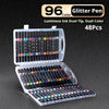 A set of 48 glitter ink dual-tip markers in various colors packaged in a clear acrylic case.
