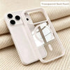 A white phone case with a transparent back panel and a clear acrylic grip is shown on a textured fabric background.
