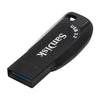 A black SanDisk USB 3.2 flash drive is shown from above, highlighting the branding and connector.