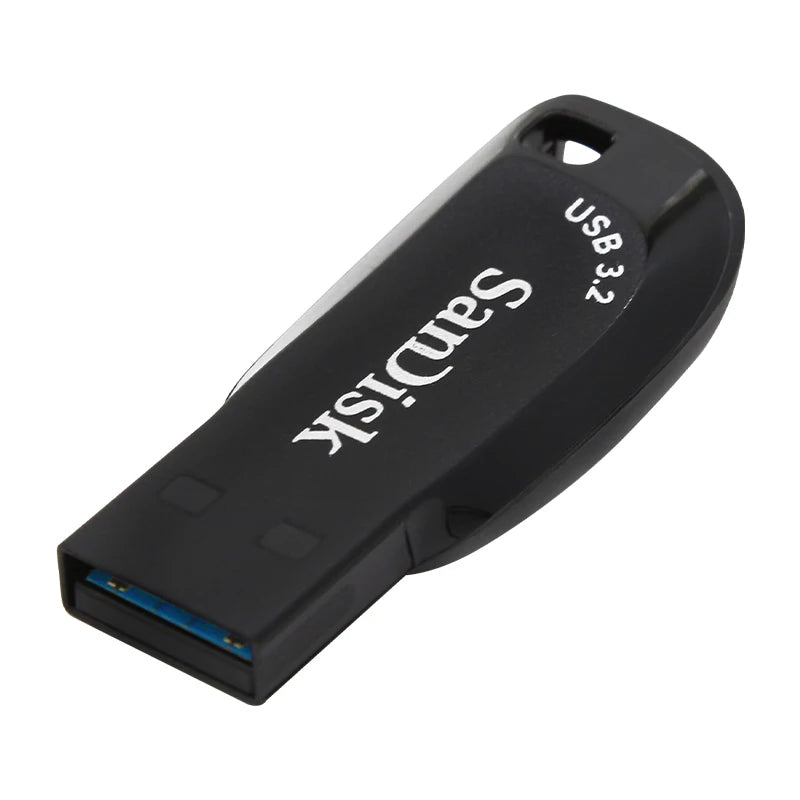 A black SanDisk USB 3.2 flash drive is shown from above, highlighting the branding and connector.