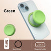 A green phone grip stand featuring a silicone cover and a magnetic holder function.