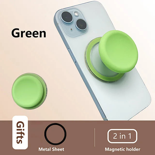 A green phone grip stand featuring a silicone cover and a magnetic holder function.