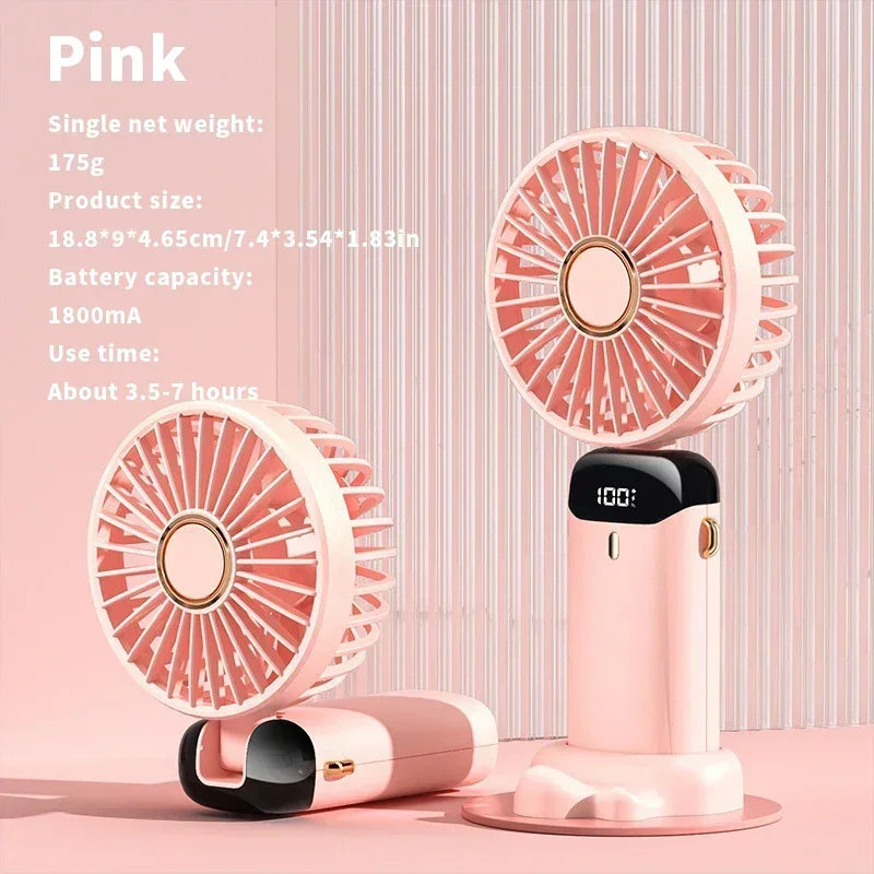 Un ventilador mini portátil rosa con una red desmontable, apoyado en un soporte.
