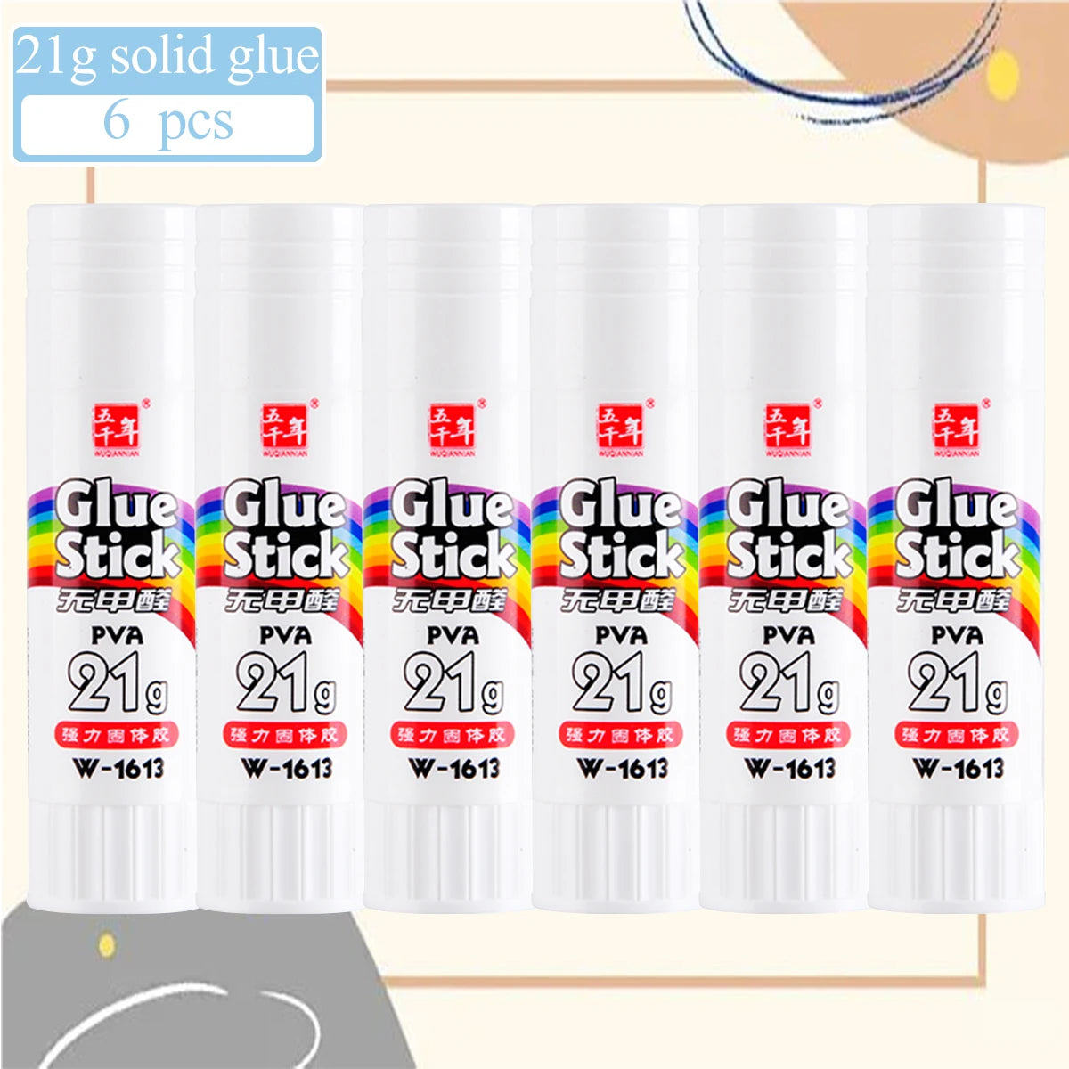 Six individual white glue sticks labeled Glue Stick with PVA craft glue inside a clear plastic container