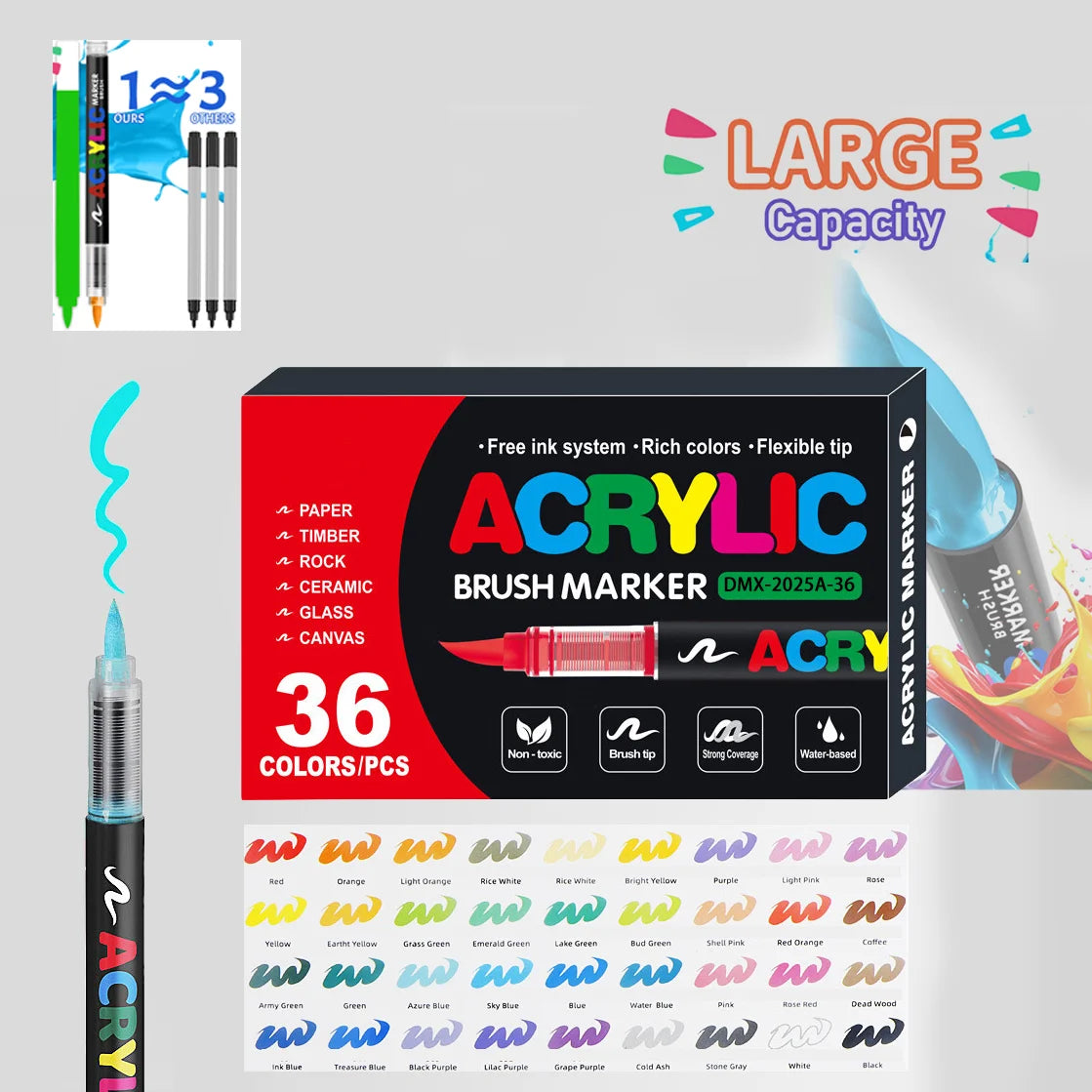 A set of 36 colored acrylic brush markers in various shades and tips for DIY crafts