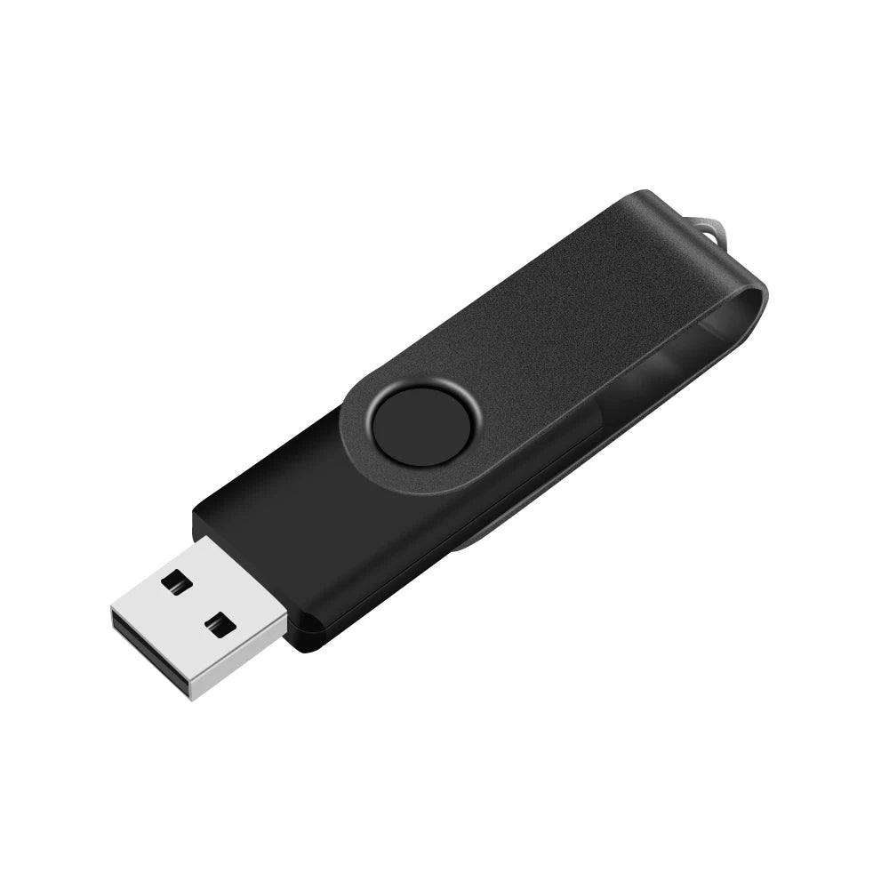 A black rotatable USB flash drive with a metal connector.
