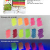 A collection of 12 fluorescent colored pencils shown under normal and ultraviolet light.