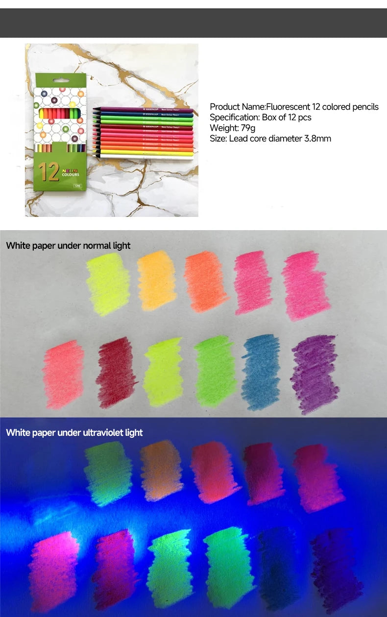 A collection of 12 fluorescent colored pencils shown under normal and ultraviolet light.