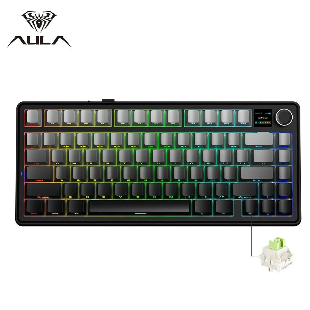 A black mechanical keyboard with a TFT display showing various keys and controls.