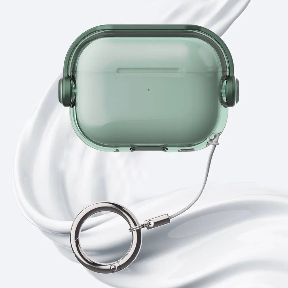 A light green silicone lock case for AirPods is shown resting on a white, curved surface.