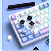 A close-up view of a white mechanical keyboard with purple keycaps and black switches, featuring a long-term use surface.